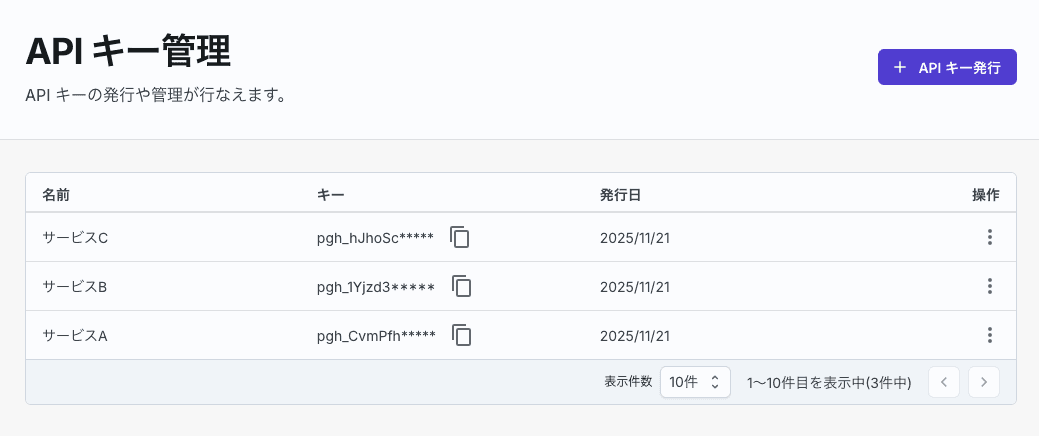 API キー管理画面